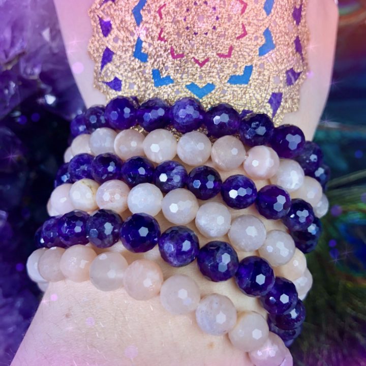 Peach Moonstone and Amethyst Stackers