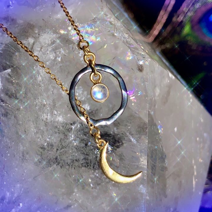 Rainbow Moonstone Lariat Moon Necklaces