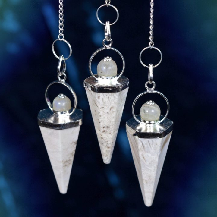 Scolecite and Rainbow Moonstone Pendulums