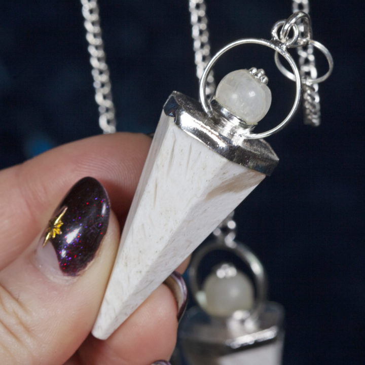 Scolecite and Rainbow Moonstone Pendulums