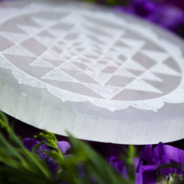 Sri Yantra Engraved Selenite Disc