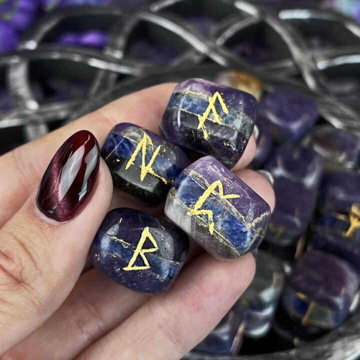 Lepidolite, Sodalite, and Amethyst Peace Rune Set