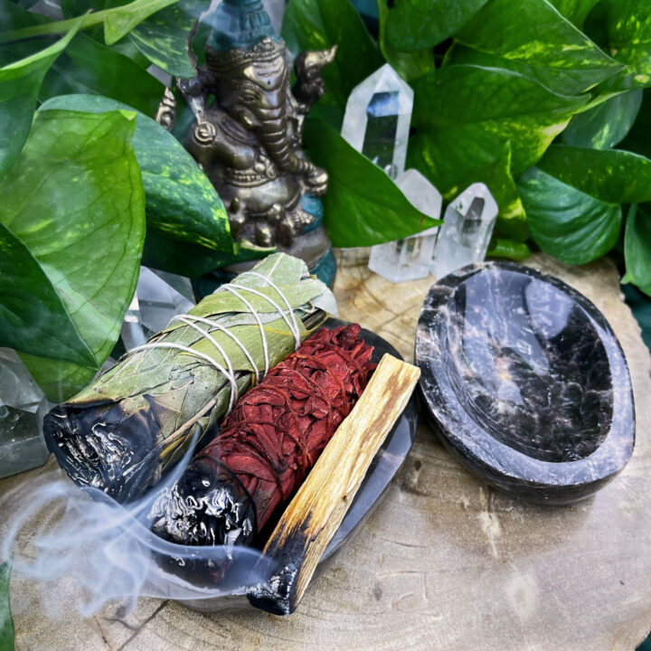 Black Moonstone Smudging Bowl Set