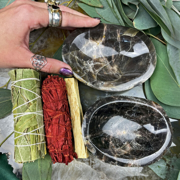 Black Moonstone Smudging Bowl Set