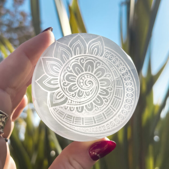 Fibonacci Engraved Selenite Charging Disc