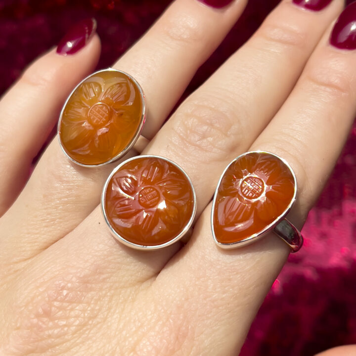 Carved Flower Carnelian Adjustable Ring