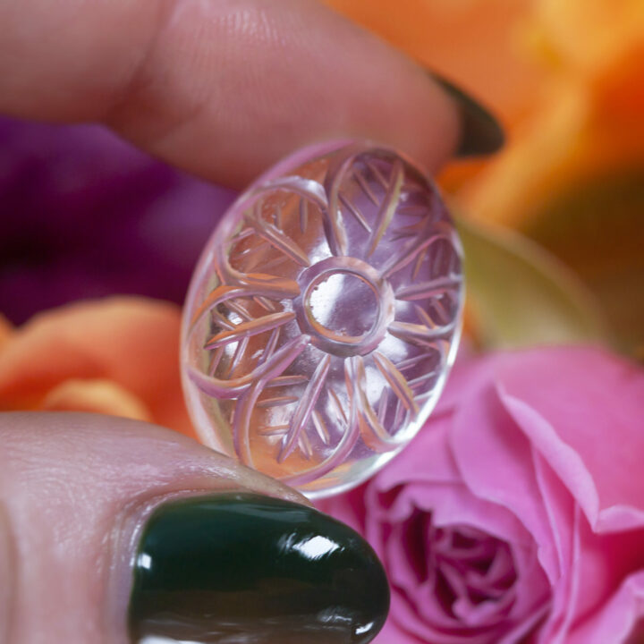 Flower Engraved Clear Quartz Cabochon