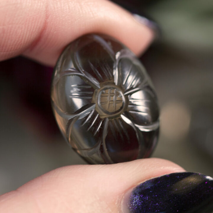 Flower Engraved Smoky Quartz Cabochon